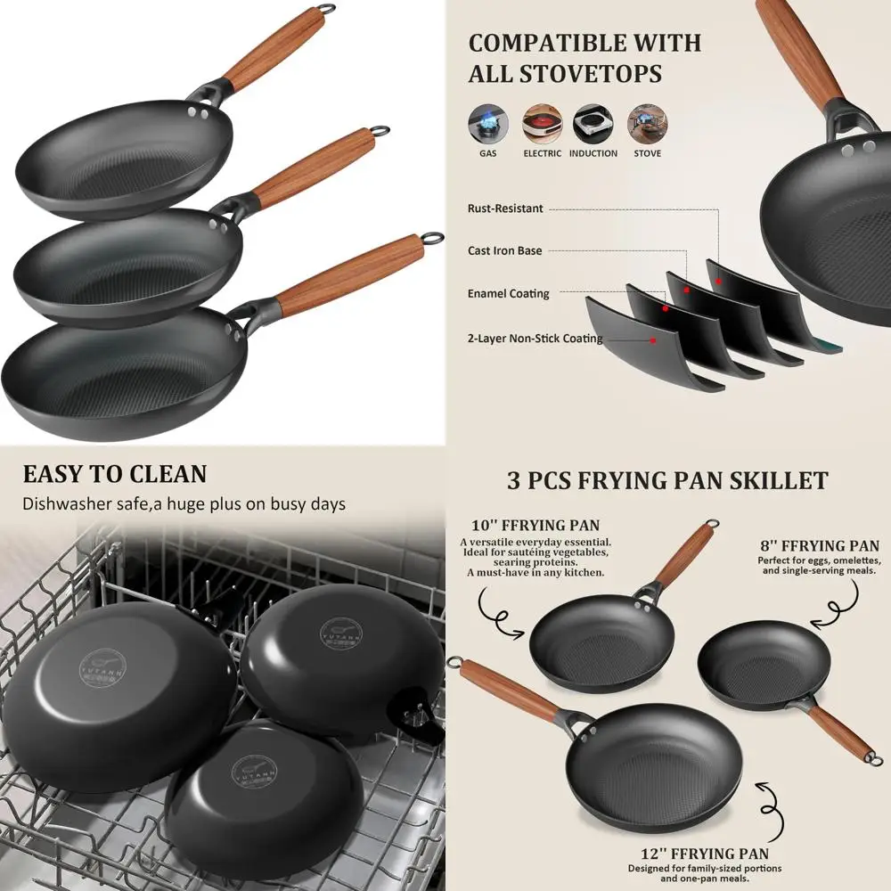 

Ceramic Nonstick Frying Pan Set - 8, 10, 12 Inch Pans, Pre-Seasoned Cast Iron Cookware with Removable Handle and Dishwasher Safe