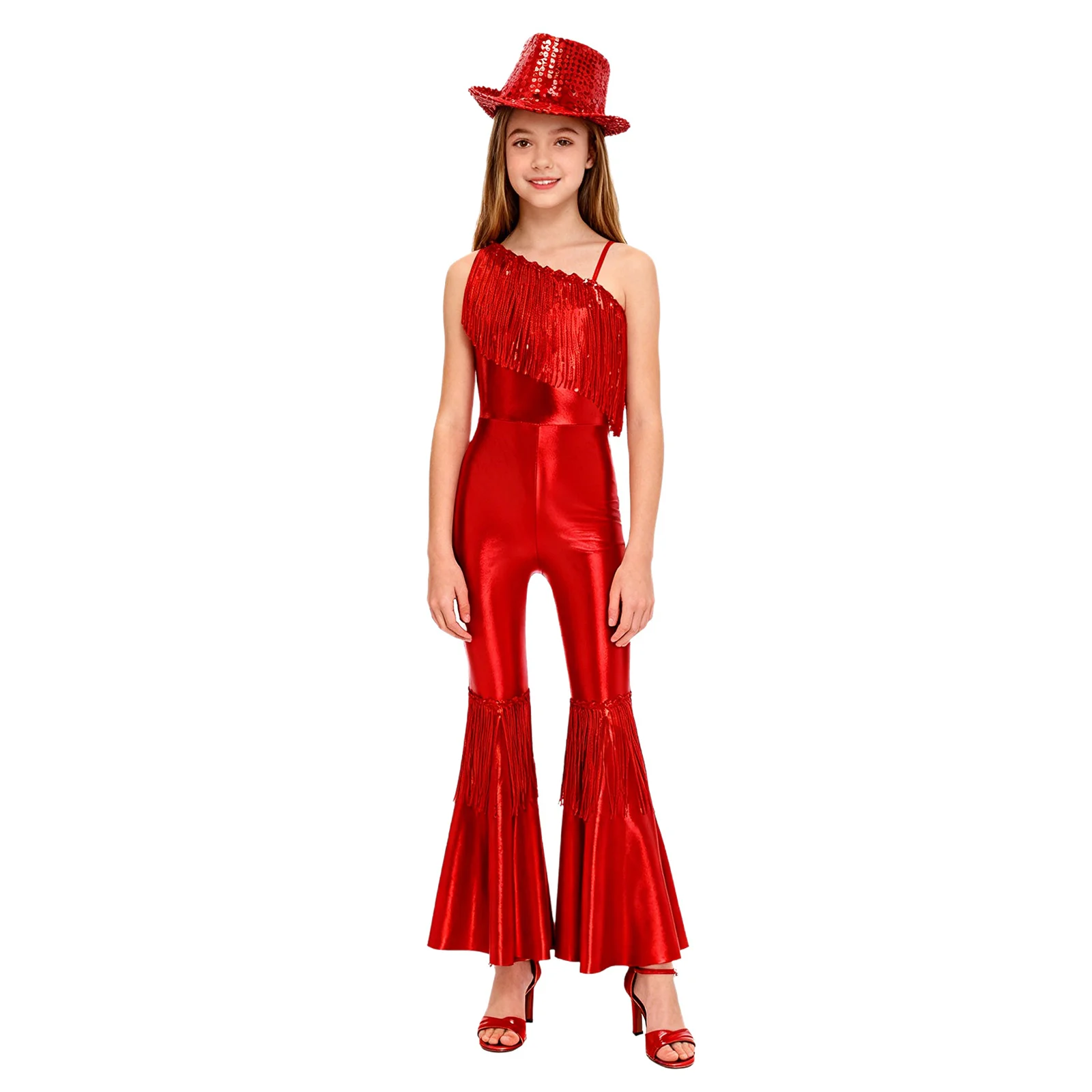

2Pcs Kids Girls Jazz Disco Dance Costume Sleeveless One Shoulder Sequins Tassels High Waist Flared Jumpsuit+Fedora Hat Dancewear