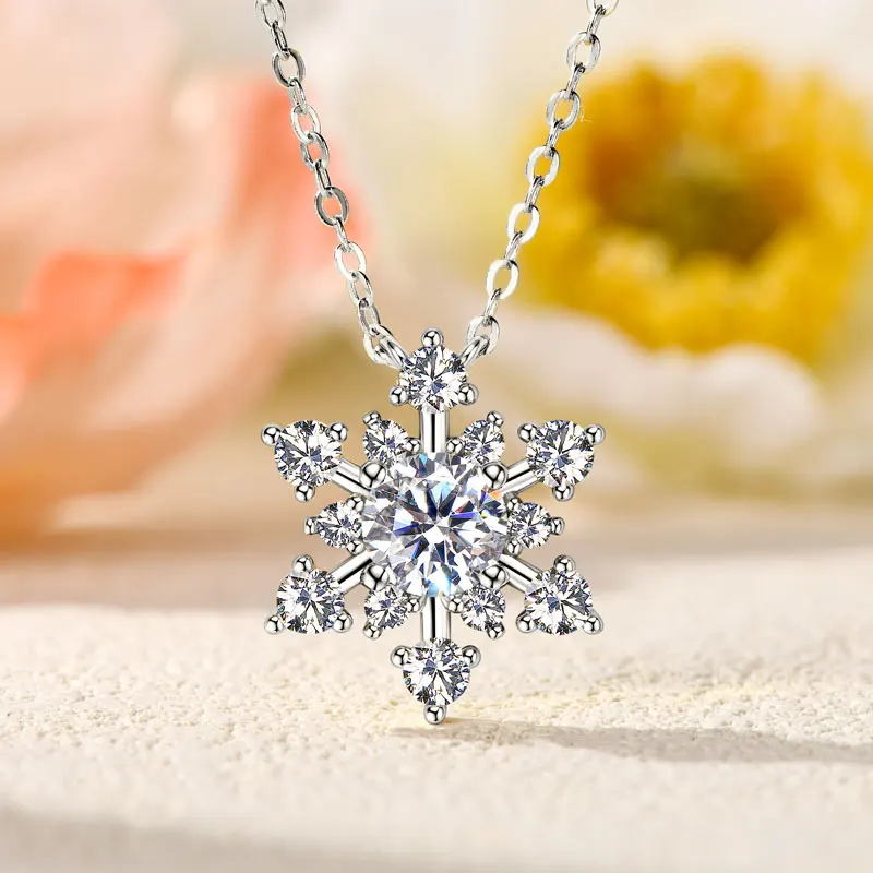 RAPRGOLD Round Cut Moissanite Snowflake Pendant Necklaces for Women Solid 925 Sterling Silver Chains Wedding Jewelry Gift collar