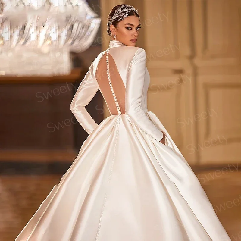High-Neck Elegant Wedding Dress Satin With Princess Ball Gown Fullsleeve O-Neck Bridal Dress Button Robe MariéE Satin Customized