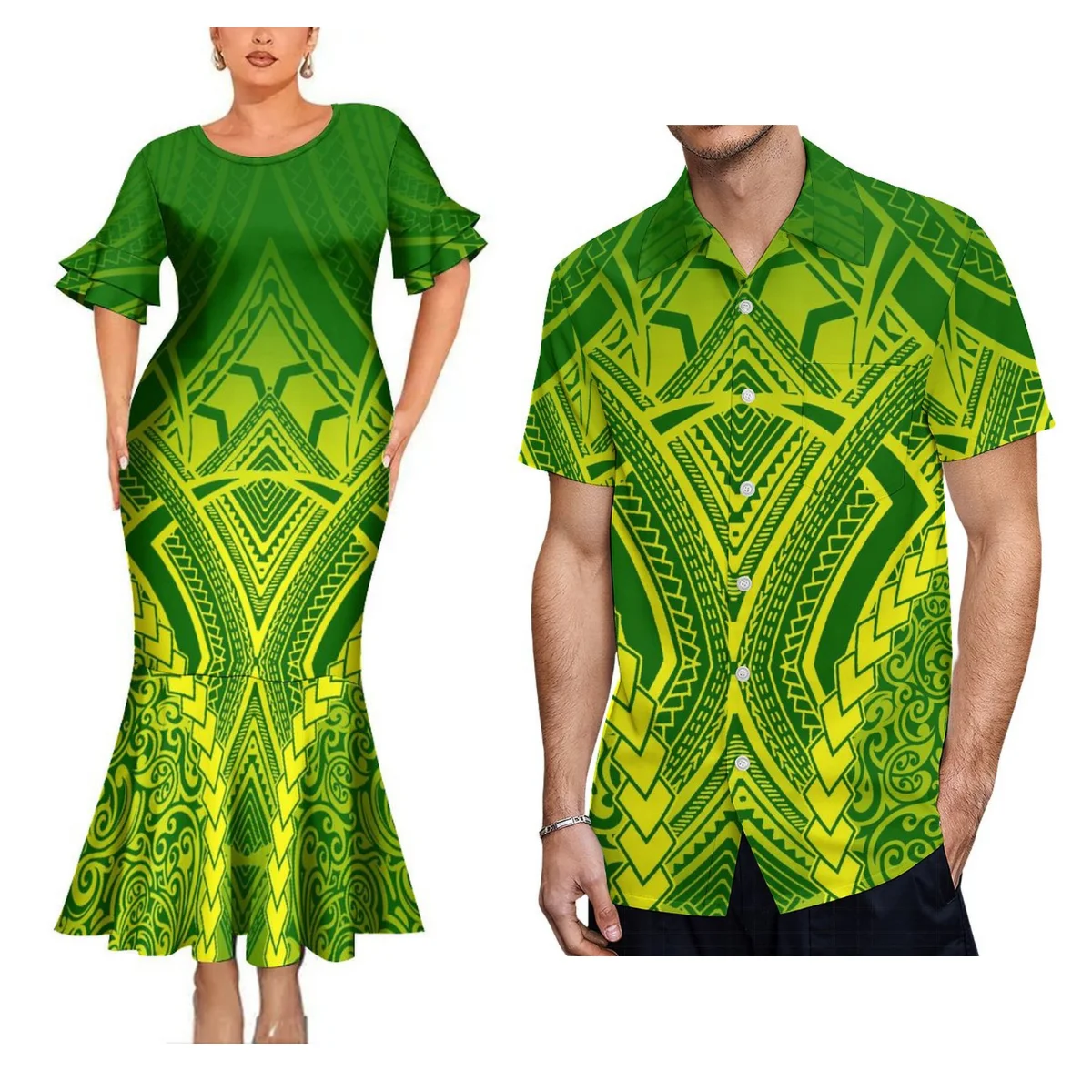 Custom Groothandel Polynesische Kleding Dames Ronde Hals Fishtail Jurken Zomer Bloemblaadjes Mouwen Samoan Paar Pakken En Heren Overhemd