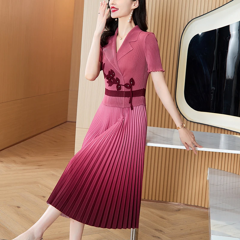 2024 Elegant Women Notched Collar Pleated Dress New Miyake Summer Purple Beading Floral Short Sleeve High Stretch Midi Vestidos