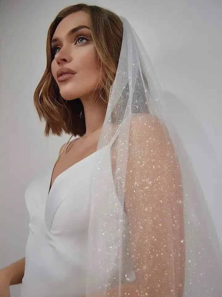 Bling Bling Glitters Veils White Ivory Long Bridal Veil With Comb 1 Tier Chapel Short Wedding Veil with Sparkly Glitters