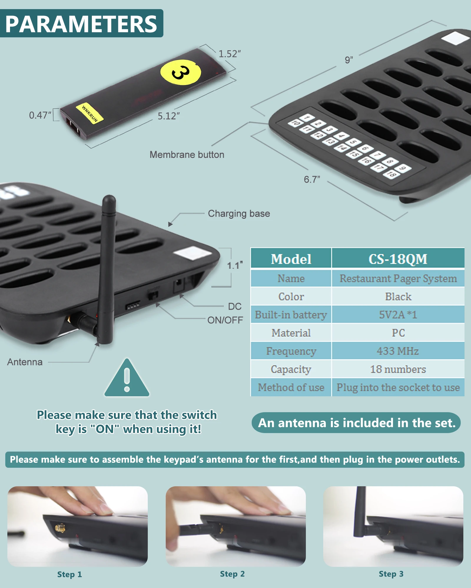 Single pager, Single charging base, Replaceable accessories for Restaurant Call System CS-18QM