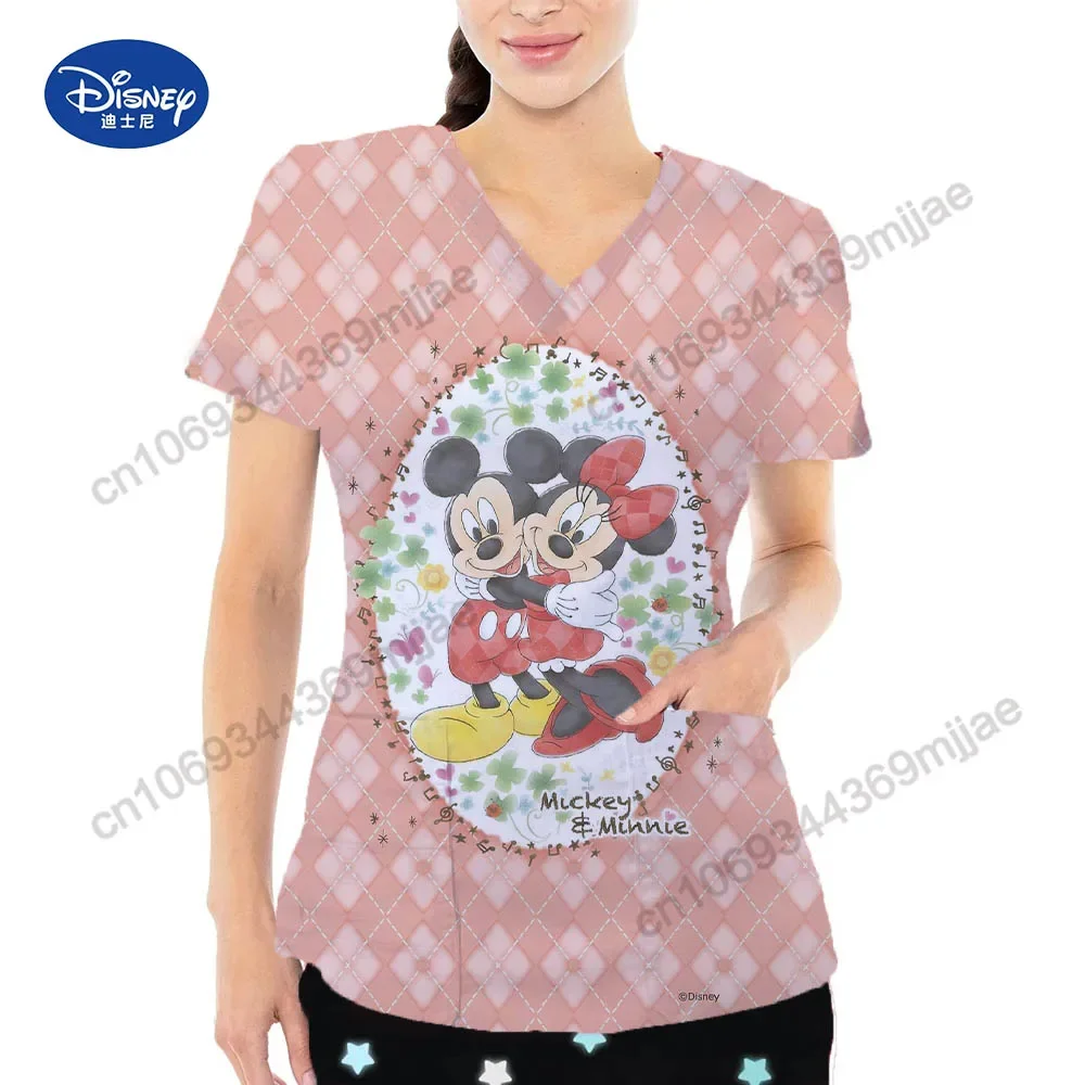 2024 New Fashionable Comfortable V-neck Nurse Uniform Women's Clothing Disney Cartoon Women's Casual Shirt T-shirt Y2k Top