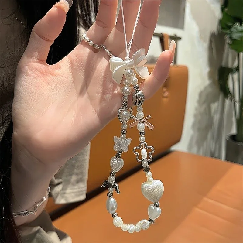 Korean Cute Baroque White Bow Flower Beaded Phone Chain Charm Lanyard For iPhone Samsung Universal Accessories Jewelry Pendant