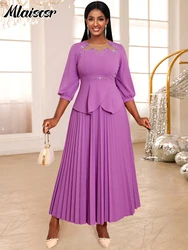 Mlaiscsr Elegant African Pearl Purple Dress for Women Three Quarter Sleeve O Neck  A-line Pleated Luxury Evening Gown Prom Robe