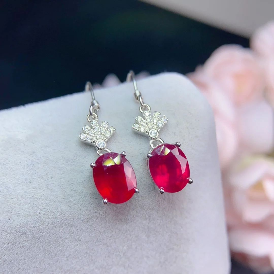 925 Silver Natural Heated Ruby Earrings, 7x9mm Excellent Fire Gemstone with Certificate, Genuine Jewelry Gift for Women
