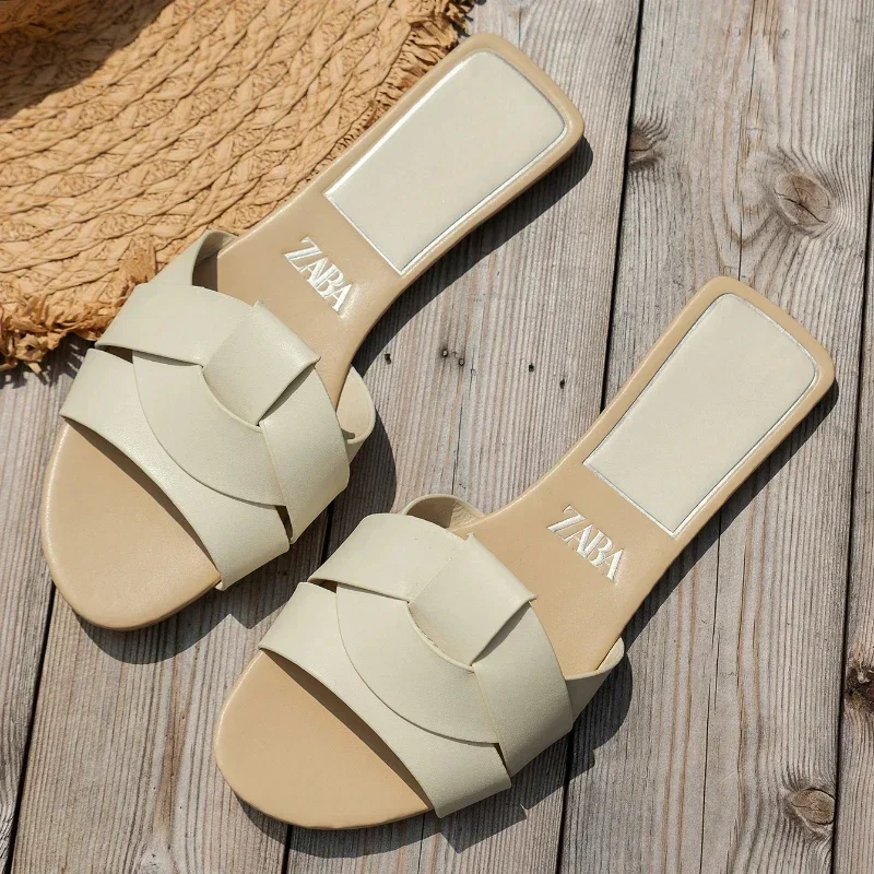 Luxury Designer Women's Flat Slippers Woven Comfortable Women's Shoes Casual Bottom Slippers 2025 New Summer Sandalias Mujer image 3
