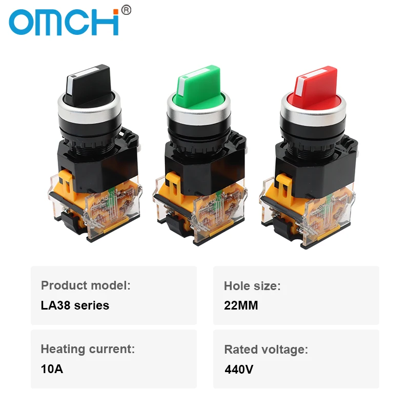 Picture 4: OMCH 1PCS 22MM 2/3 Position Rotary Selector Switch 10A 440V Latching/Momentary DPST ON/OFF 2NO 1NO1NC Red Green Black Knob