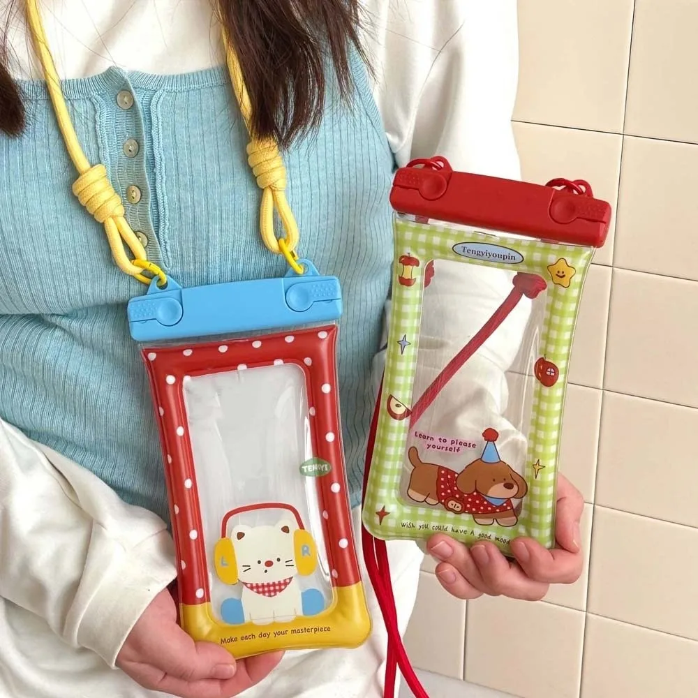 Adjustable Strap Waterproof Phone Pouch Cartoon Animal Printed Sealed Transparent Hanging Neck Bag Lightweight Large Capacity