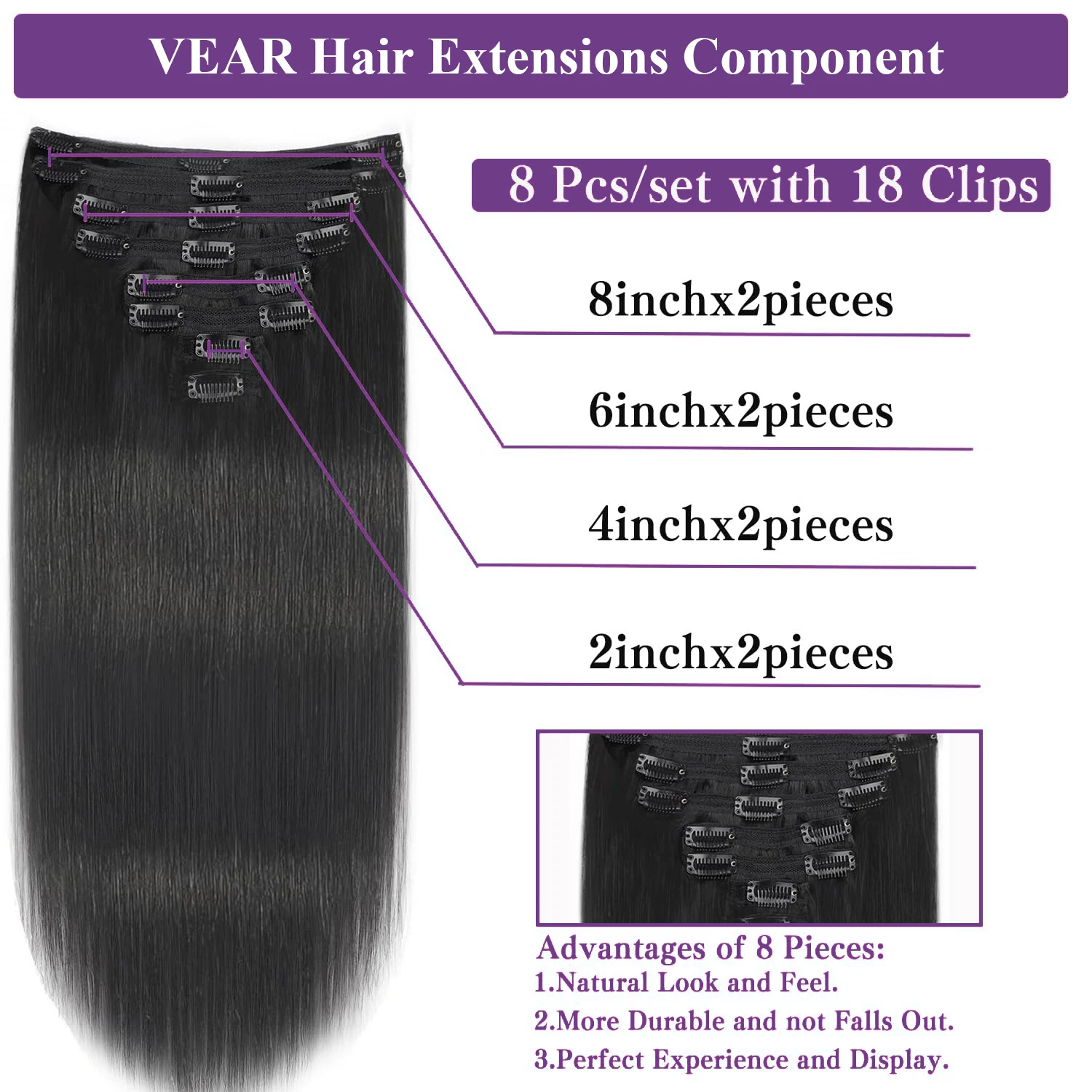 Clip Ins Seamless Clip In Hair Extensions Straight Human Hair Natural Black 8Pcs Brazilian Remy Hair Extensions 240G For Women