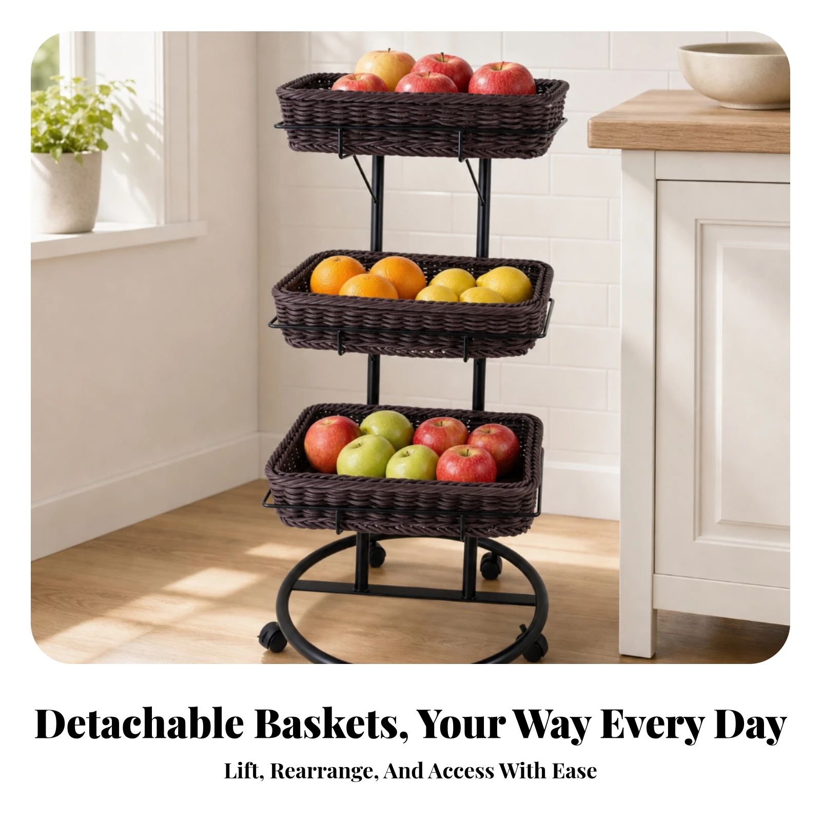 Vegetable Display Basket Rack Space-Saving Three-Tier Basket Rack with Wheels Storage Organizer Removable for Retailers