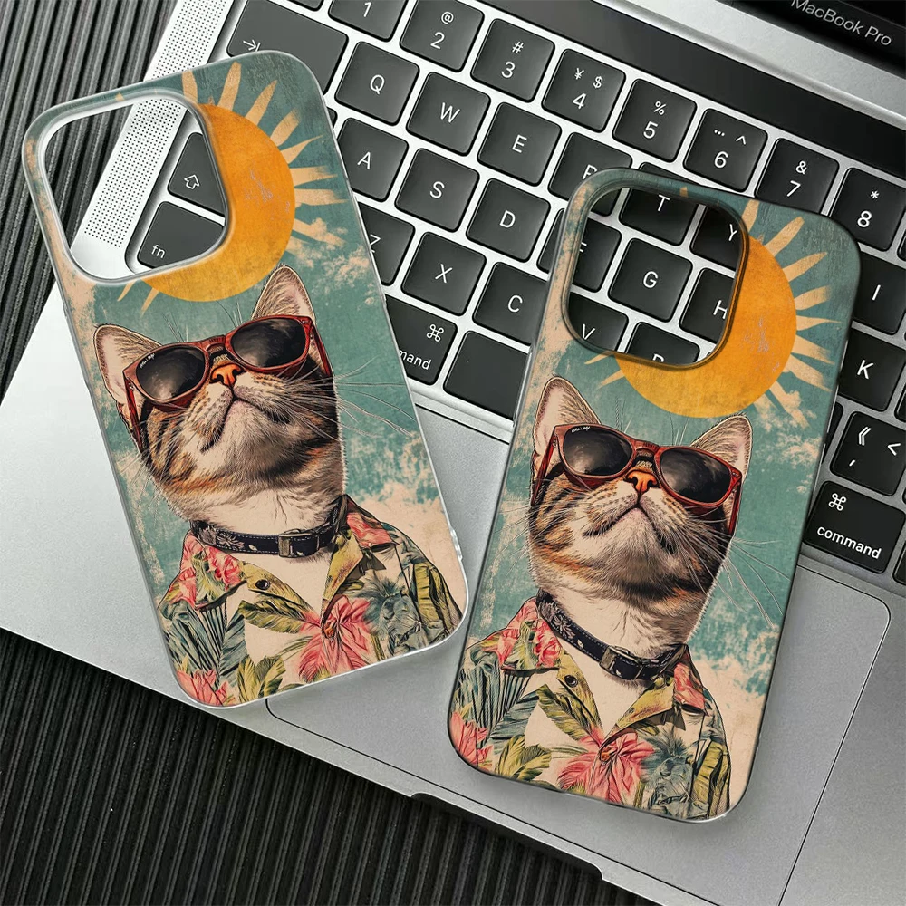 

Cool Summer Tabby Cat Phone Case For iPhone 17 16 15 14 Plus 13 12 11 Pro Max 17 Air Vintage Hawaiian Sunglasses Cat TPU Cover