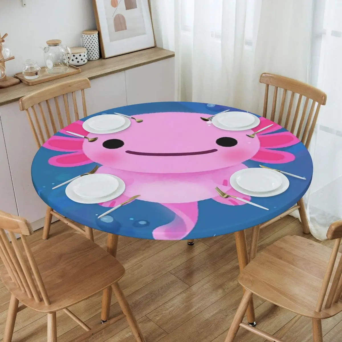Kawaii Axolotl Mexican Salamander Waterproof Round Tablecloth Oilproof Table Cloth for Kitchen Events Dining Table Cover