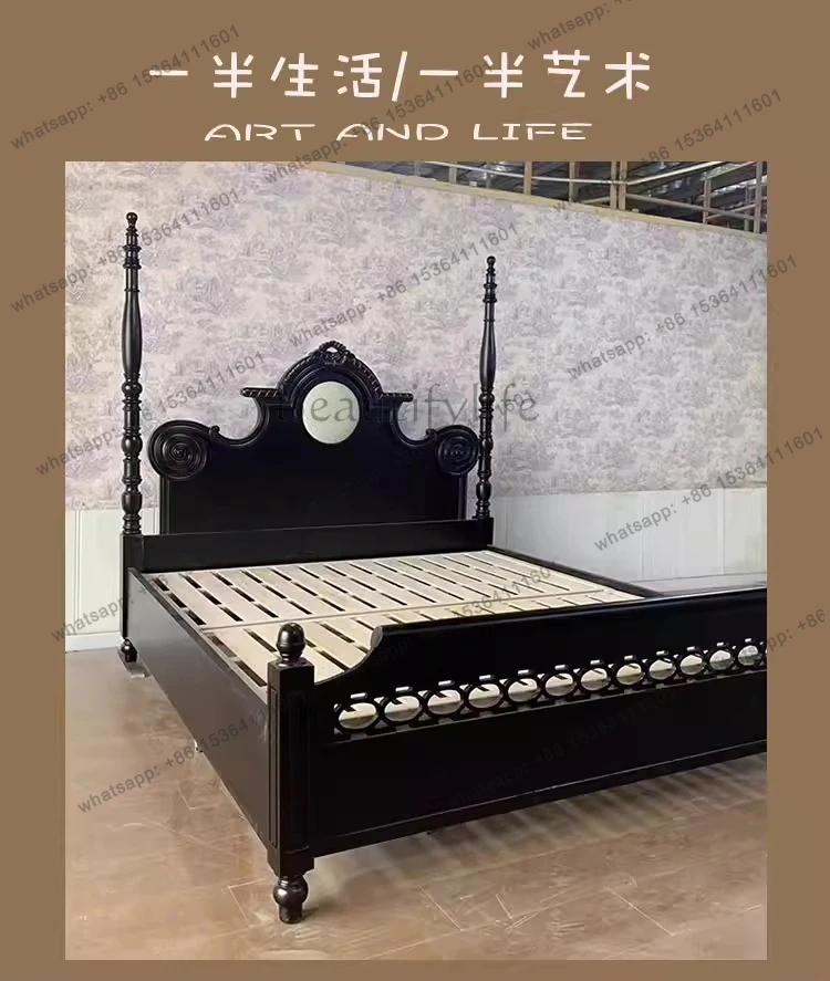 

Solid wood bed French retro master bedroom large bed small apartment home advanced ancient Nanyang style