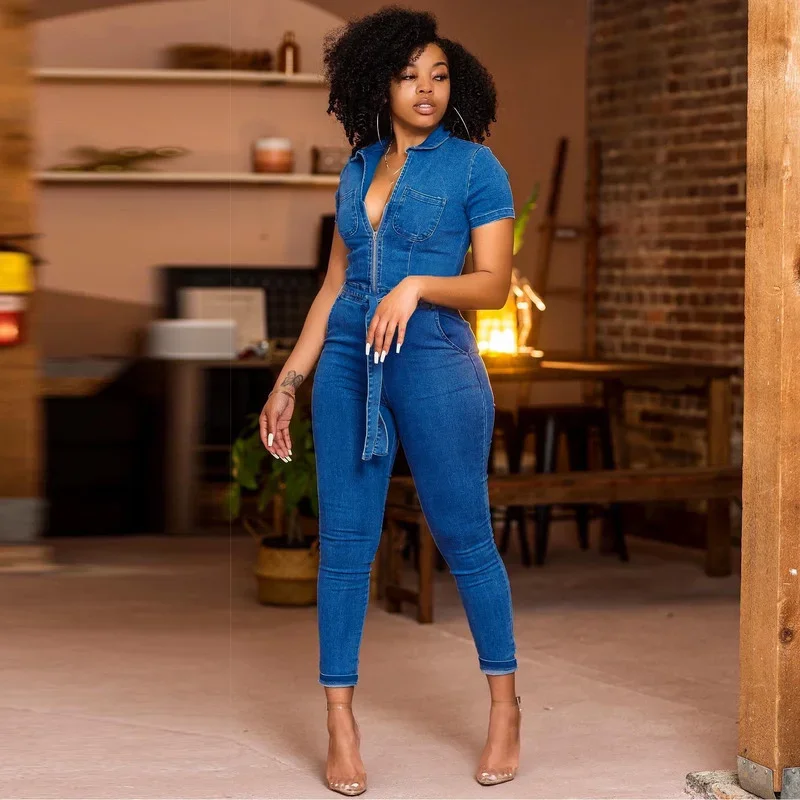 

KEXU Short Sleeve Zippper Jeans Rompers Female Casual Women Denim Jumpsuit Overalls Bodycon Pencil Summer Playsuit Streetwear