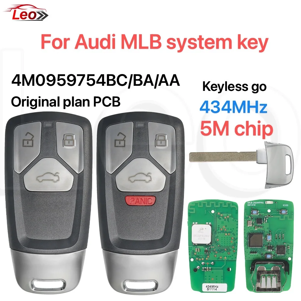 

Ключ Leo для системы Audi MLB A4 A5 S4 S5 RS5 Q5 Q7, бесключевой доступ, смарт-ключ, оригинальная плата PCB 434 МГц, 5-канальный чип 4M0959754BC/BA/AA 754CG