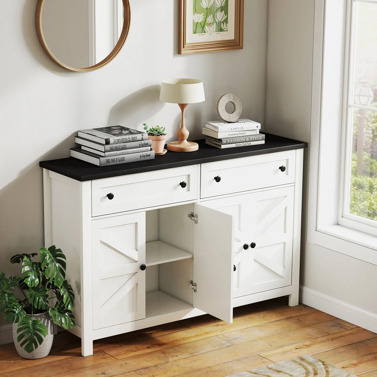 

55.1in White Modern Farmhouse Sideboard Buffet | Kitchen Storage with Drawers & Doors | Coffee Bar for Dining & Living Room