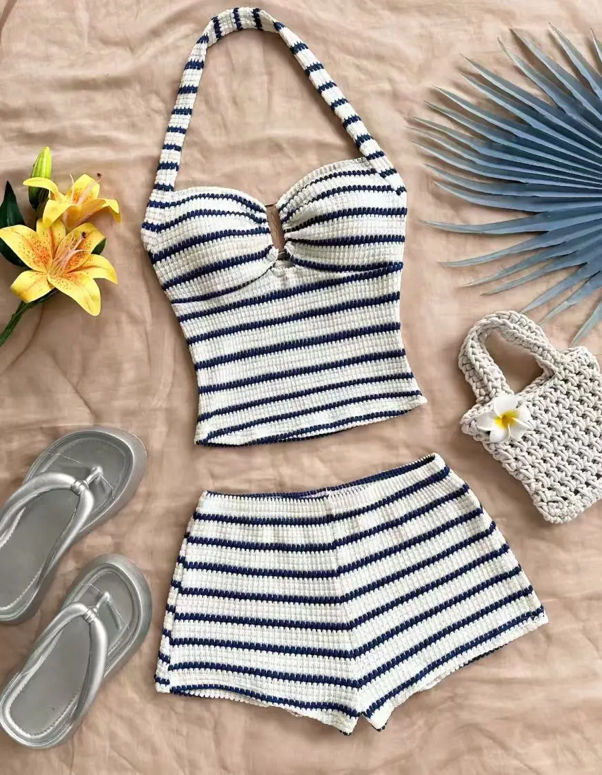 

Summer striped halter-neck waffle knit suit - a sexy beach outfit for vacation girls.
