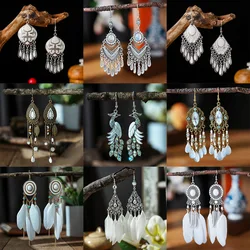 White Enamel Peacock Water Drop Feather Earrings for Women Ethnic Elegant Long Crystal Rhinestone Earring Boho Vintage Jewelry