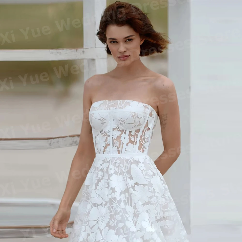 فساتين زفاف أنيقة على شكل حرف A للنساء بدون حمالات من الدانتيل فساتين زفاف فيستدو دي نوفيا بدون أكمام بدون ظهر فساتين العروس مخصصة رداء دي ماري