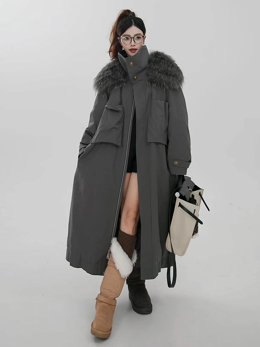 

Женская парка вниз Jaet ey, длинное пальто средней длины с большим меховым воротником, повседневная свободная посадка, зимнее новое поступление