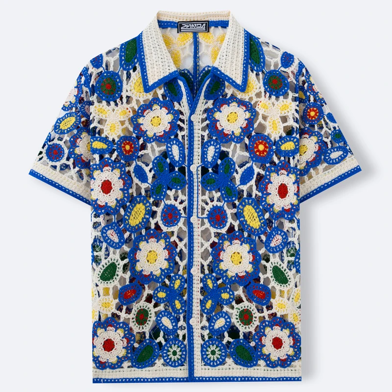 National Style Knitting Polo Shirt Men Blue Hollow Out Crochet Flower Short Sleeve Mens T Shirt Summer Men Clothes SY0059