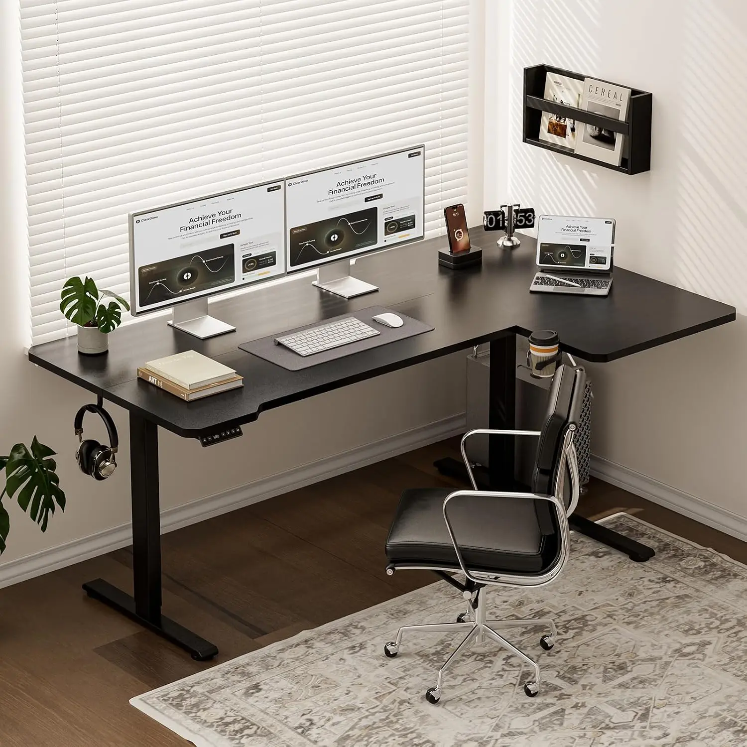 L Shaped Electric Standing Desk 71x435 Inch Reversible Black 176 Lb Capacity 283 464 Height 3 Memory Presets Quiet Under 45dB Mo