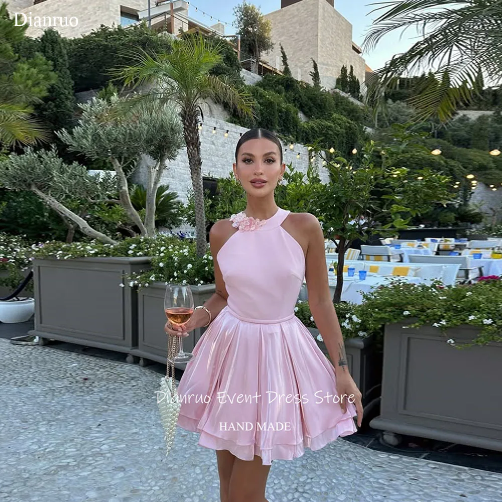 

Dianruo Pink Halter 3D Flowers Prom Dresses Layered A Line Cocktail Dress Short Length Shimmery Homecoming Dresses Customized