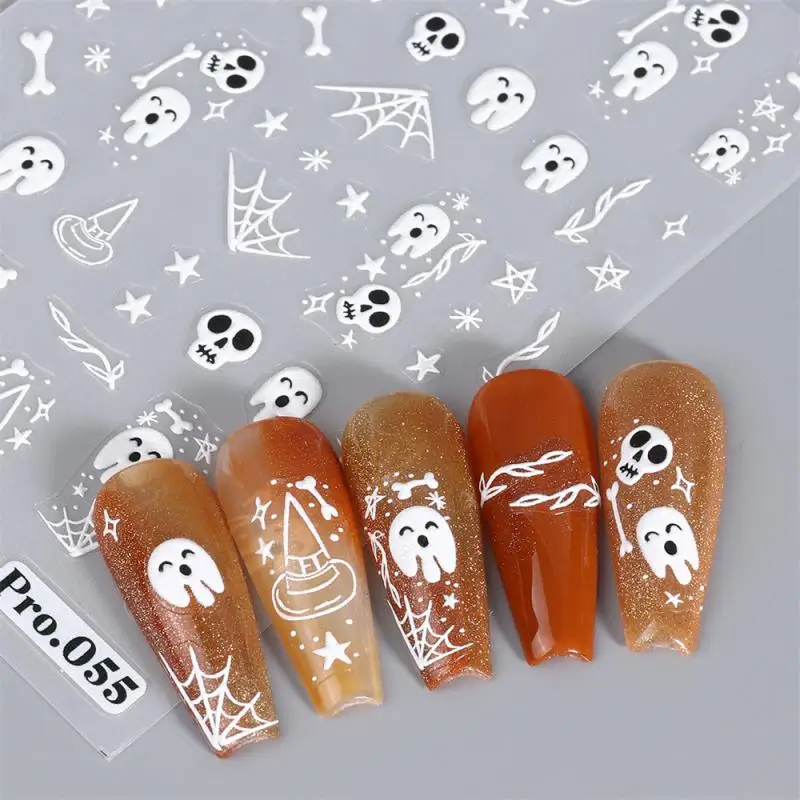 Halloween Nail Art Em Relevo Adesivos, Crânio, Abóbora, Fantasma, Morcego, Aranha Web, Anime Decalques, Gravado Manicure Decoração, 5D