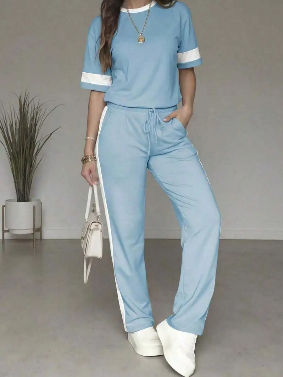 

2pcs Women Casual Colorblock Round Neck Short Sleeve Top And High Waist Drawstring Straight Leg Pants