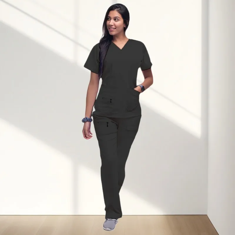 

Stretch Zipper Pocket Short Sleeve Scrub Suit Euro-American Style for Doctors Nurses