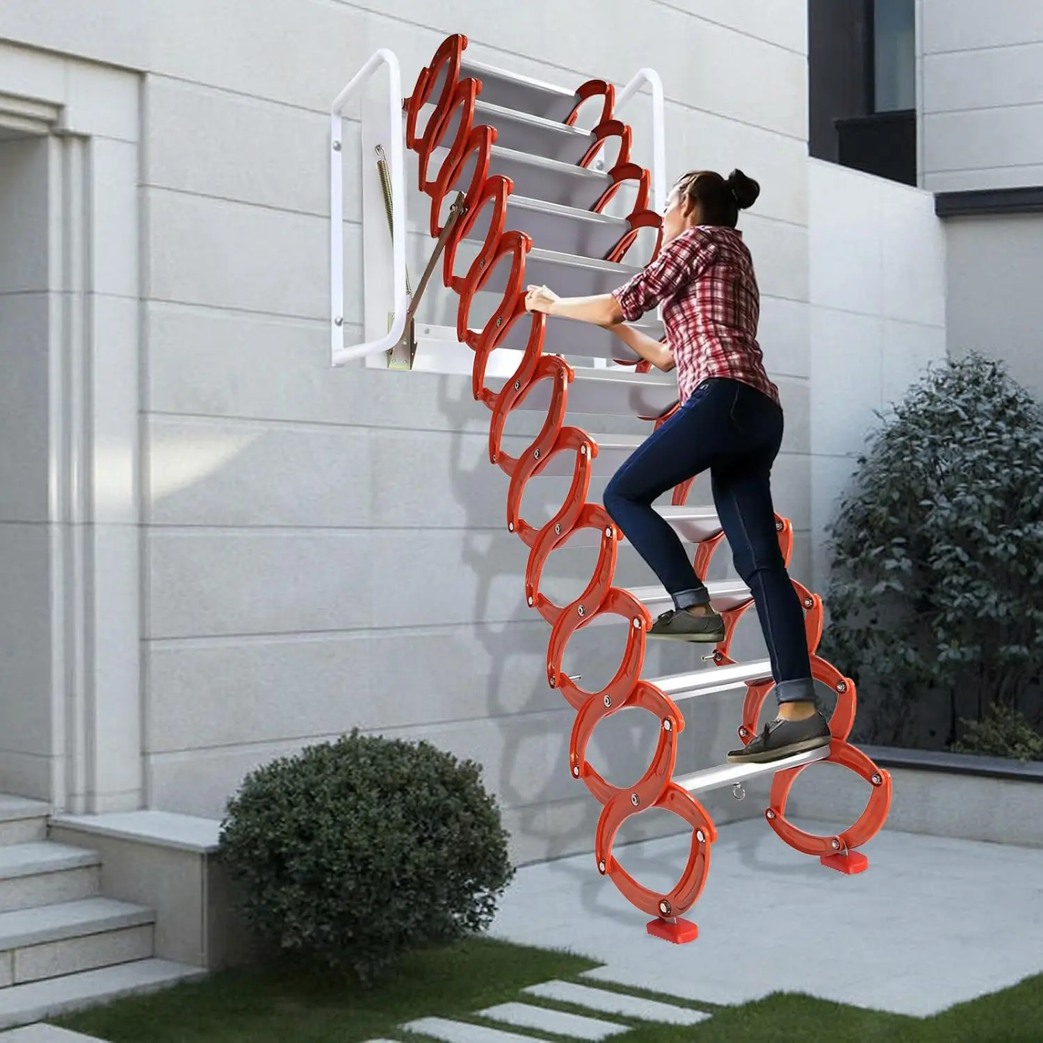 12 Steps Attic Ladder Wall Mounted Pull Down Loft Steps Folding Stairs Al-Mg Alloy Telescopic Loft Ladder With Armrests For