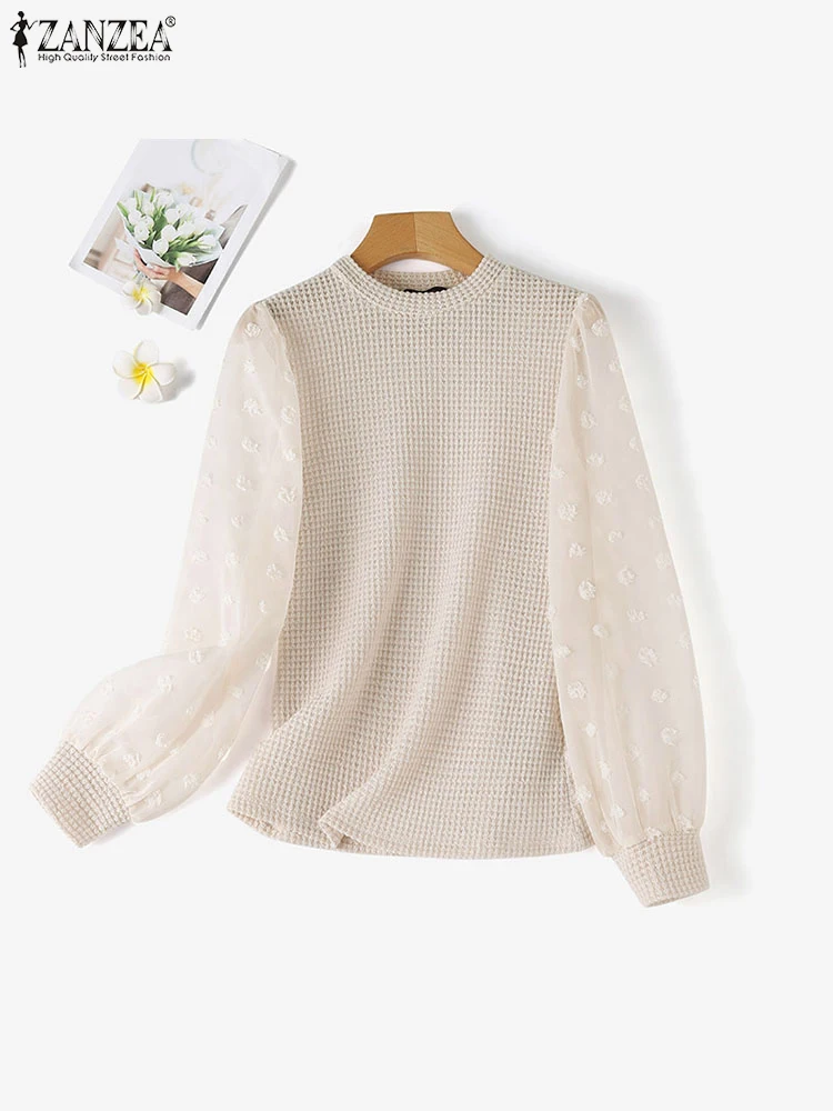 ZANZEA Women Fashion Swiss Dots Lantern Sleeve Blouses Autumn 2024 Casual Loose Knitted Blusas Mujer Elegant O Neck T-shirt Tops