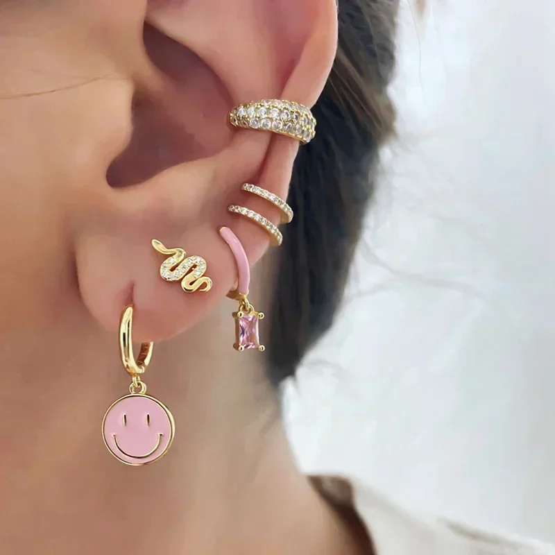 925 Sterling Silver Needle Trendy Pink CZ Enamel Piercing Hoop Earrings for Women Smiling Heart Huggie Earrings Fashion Jewelry