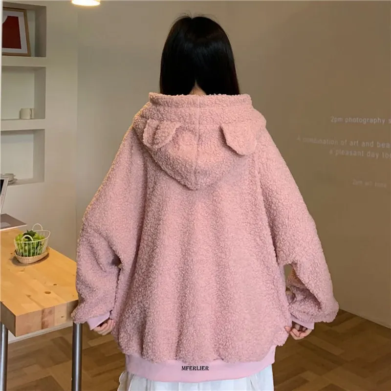 Large Size 6XL 150kg Winter Fleece Hoodies Long Sleeve Solid Color Ear Hooded Tops Large Coat Loose Warm Pullovers