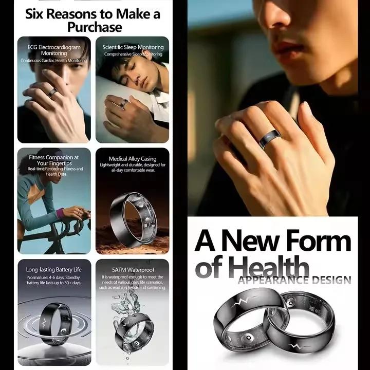 Anelli per il sonno con anello intelligente ECG multifunzionale che tracciano il monitoraggio della temperatura dell'ossigeno nel sangue Fornitore all'ingrosso OEM personalizzato