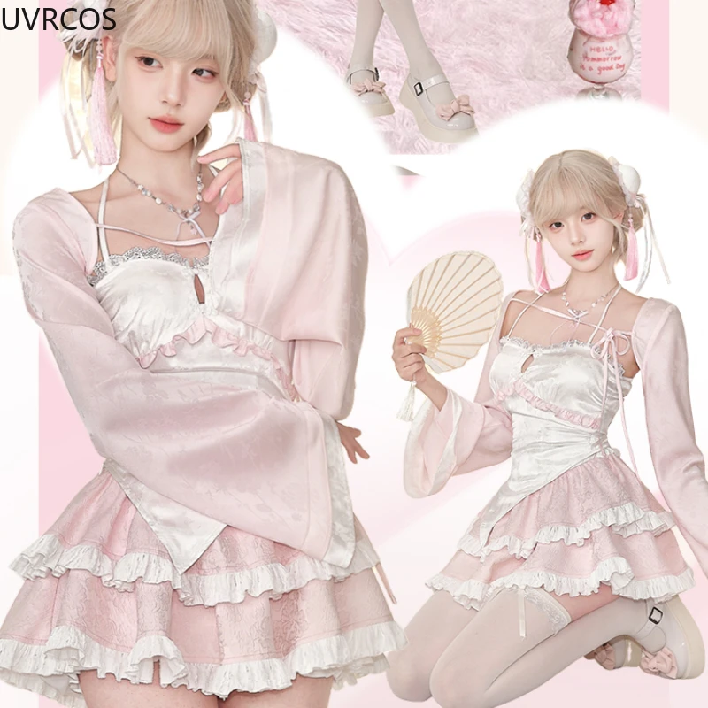 Pink Sweet Lolita Style Skirt Set Women Cute Short Cardigan Ruffles Chic Mini Cake Skirts Suits Female Korean Kawaii Y2k Outfit