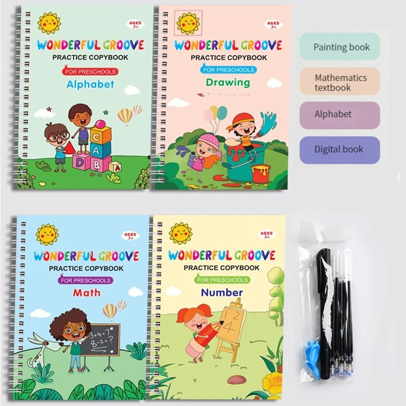 

Copybook Reusable Disappearing Ink Writing Book 4-Pack Preschool Calligraphy Practice Set with Pen & Grips Free Wiping
