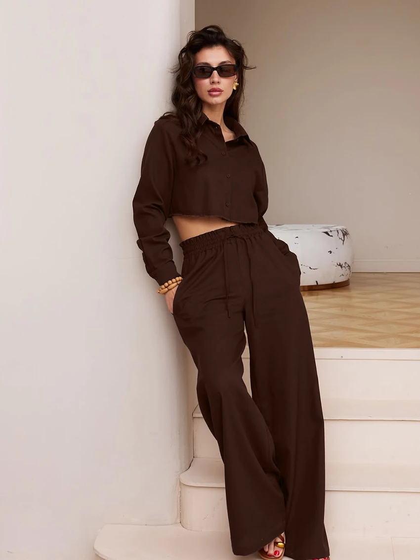 Marthaqiqi Autumn Women Sleepwear Set Long Sleeve Pajama Turn-Down Collar Nightie Crop Top Nightwear Pants Ladies Nightgown Suit
