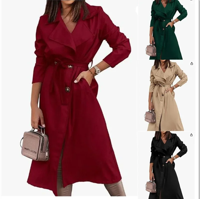 

Women Autumn Spring Trench Coat Solid Color Turndown Collar Button Lace-up Long Sleeve Casual Fashion Comfortable Regular Fit