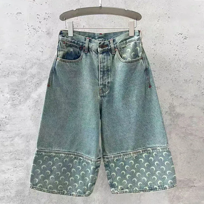 

Retro American High Waist Slimming Moon Print Straight Leg Denim Shorts Women's Five-Point Pants Autumn Trendy Natural Waist