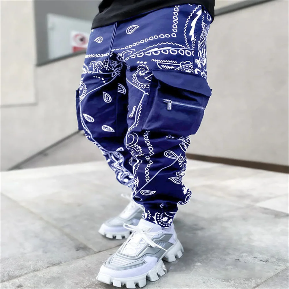 High quality men\'s pants cashew flower casual sports Haren pants loose high street multi-bag overalls Fashionable streetwear