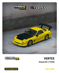 Tarmacworks-黄色のメタリックダイキャストモデルカー、頂点RX-7 fd3s、1:64