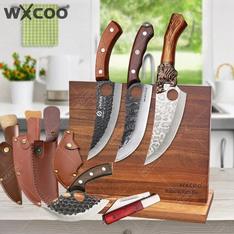 WXCOO Stainless Steel Meat Cleaver Hand Forged Kitchen Butcher Knife with Cover Effortless Slicing Lamb Beef Pork Boning Knife