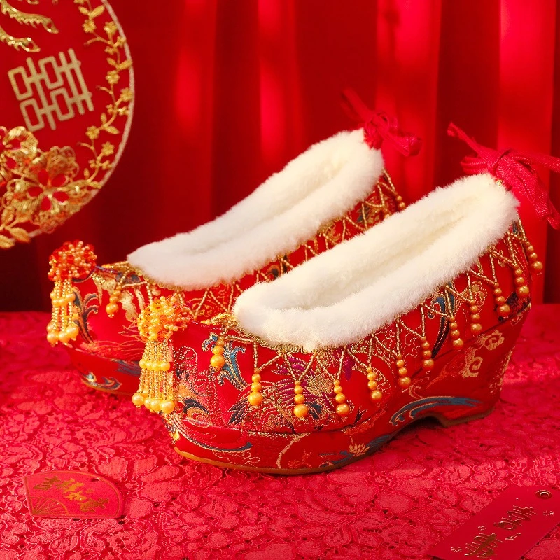 

ZJY25 Xiuhe Wedding Shoes with Pearl Tassels, Chinese Wedding Embroidery Cotton Shoes, Ancient Style Hanfu Women