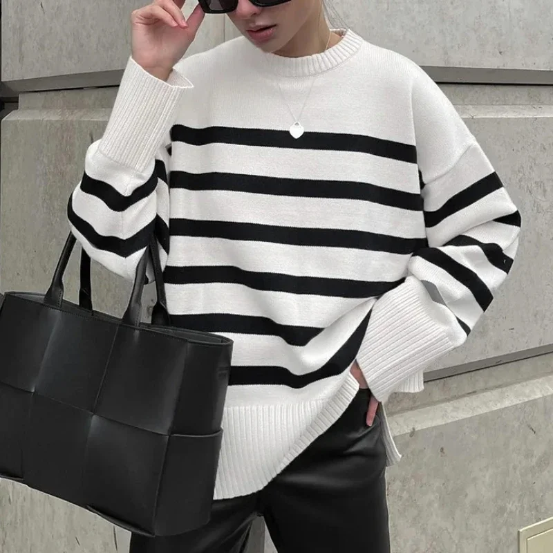 

Women Striped Sweater Kintted Crochet Pullovers Loose Streetwear Spring Autumn Winter Sweet Jumper Y2k Top Jumper Streetwear