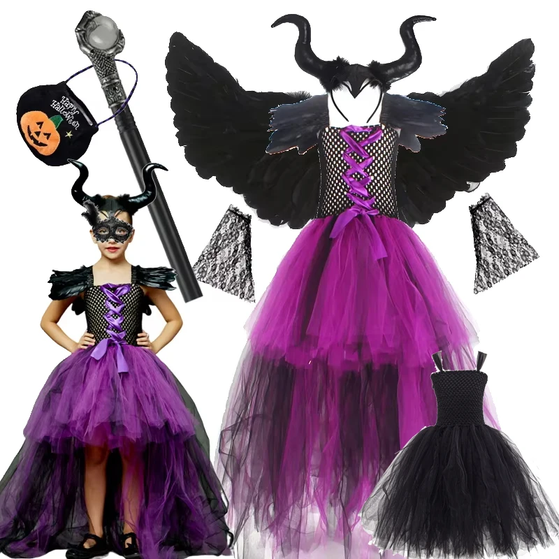

2025 Halloween Costumes for Children Mesh Purple-black Dress Girls Witch Cosplay Clothes Carnival Party Dresses Holiday Gifts