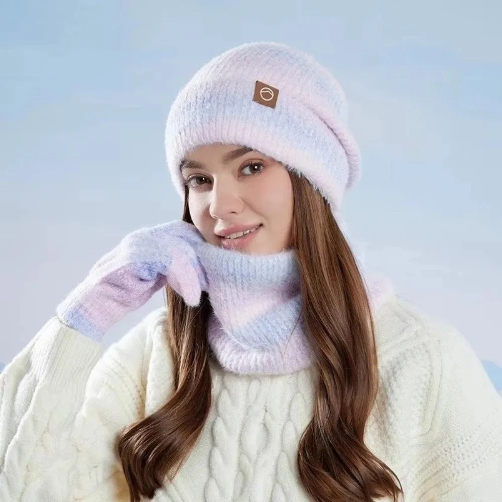 Outdoor Winter Cap Gloves Scarf Set Thickened Knitted Women Skullcap Gradient Color Fleece Lining Cycling Beanies